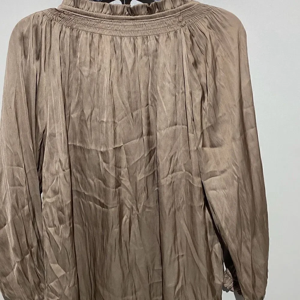 Carmen Marc Valvo Women's Taupe Tan Ruffles Neck Tie Satin Blouse Top Large‎ - Picture 5 of 8